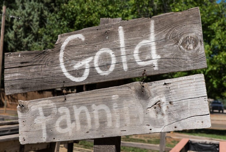 Two weathered wooden signs with white painted text read "Gold Panning," set outdoors with trees visible in the background, inviting visitors to explore advanced gold panning techniques.