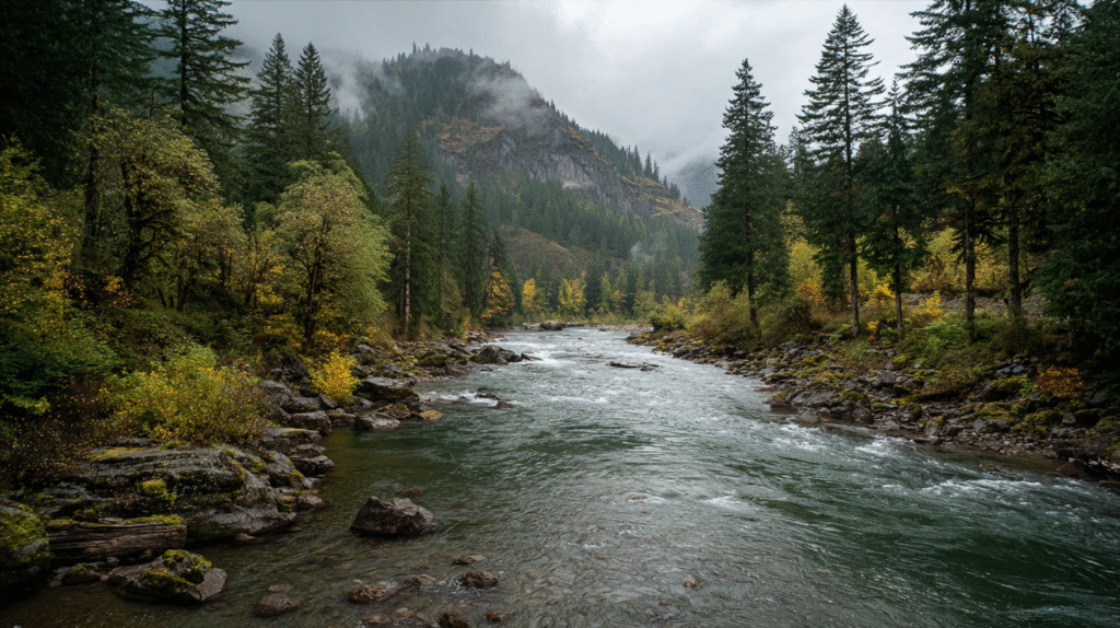 A river flows through a forested landscape with tall pine trees and a misty mountain in the background under a cloudy sky, reminiscent of wild places where Gold Panning Laws in Alaska help preserve nature’s quiet beauty.