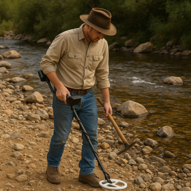 A person wearing a hat uses a metal detector, demonstrating its applications in gold prospecting, and holds a pickaxe while searching along a rocky riverbank.