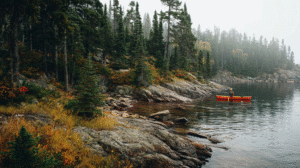 A person paddles a red canoe on a calm lake near a rocky, forested shoreline with evergreen trees and autumn foliage, highlighting the area's natural beauty while reflecting on the ecological effects of human presence in such pristine environments.