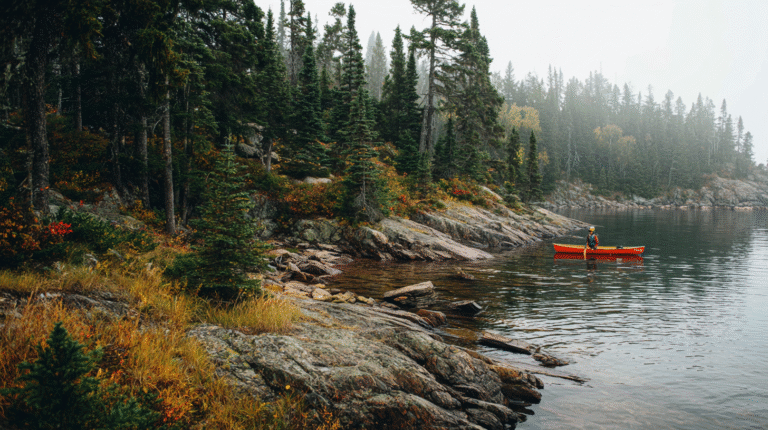 A person paddles a red canoe on a calm lake near a rocky, forested shoreline with evergreen trees and autumn foliage, highlighting the area's natural beauty while reflecting on the ecological effects of human presence in such pristine environments.