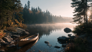 A wooden canoe sits by the rocky shore of a calm lake, surrounded by dense pine trees, with sunlight filtering through morning mist—perfectly balancing nature and recreation in this serene setting.