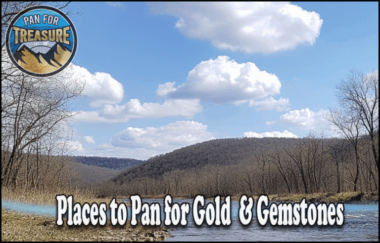 A river flows through a hilly landscape under a partly cloudy sky. Text reads, "Best Places to Pan for Gold and Gemstones in America." Logo in the corner says, "Pan for Treasure.