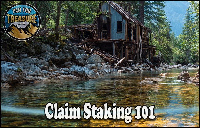An old wooden building stands next to a rocky creek in a forest, inviting visitors to learn about claim staking with signs that read "Pan For Treasure" and "Claim Staking 101.
