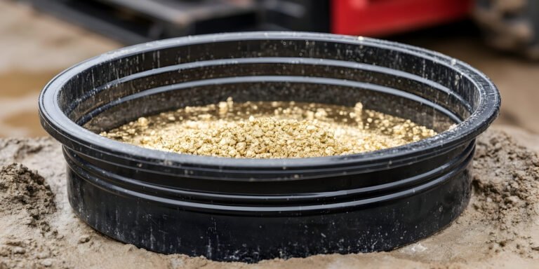 A black plastic pan filled with gold nuggets and sediment sits on sandy ground, showcasing the results of classifying gravel and sand during the gold panning process.