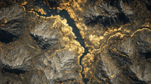 Aerial view of rugged mountainous terrain, with glowing golden lines highlighting valleys and river paths—common locations for lode gold discoveries.