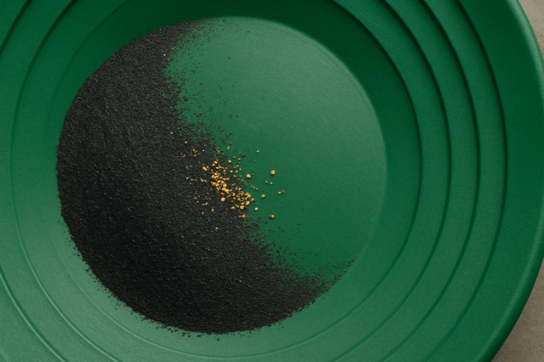 Dealing with Black Sand A green gold pan containing fine black sand and several small gold flakes clustered near the center—a classic sight when dealing with black sand during gold prospecting.