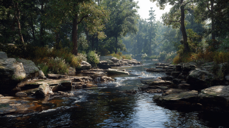 A shallow, rocky river flows through a forest with dense green trees and sunlight filtering through the foliage, prompting the question: do all creeks have gold hidden beneath their sparkling waters?.