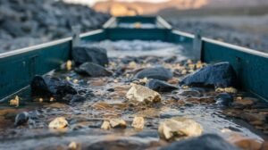 A close-up of a sluice box with water, rocks, and visible pieces of gold being separated during gold mining—an essential feature in many Portable Gold Processing Plants.