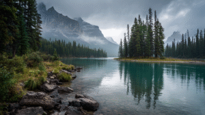 A calm turquoise lake bordered by rocks and pine trees highlights nature's beauty, inspiring a commitment to reducing environmental impact amid the forest and misty mountains beneath a cloudy sky.