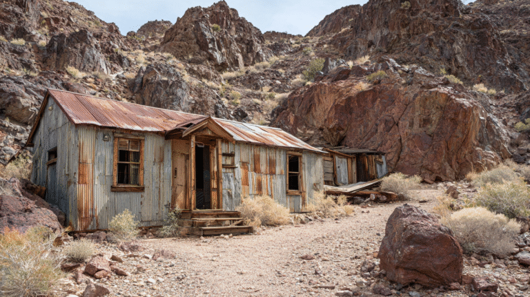 A weathered, abandoned wooden shack with a rusty metal roof stands among rocky desert hills and sparse vegetation under a partly cloudy sky, evoking memories of Prospecting Frontiers.