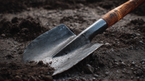 An ergonomic garden shovel with a wooden handle lies on dark, loose soil—part of our collection of Ergonomic Shovels and Picks designed for comfortable, efficient gardening.