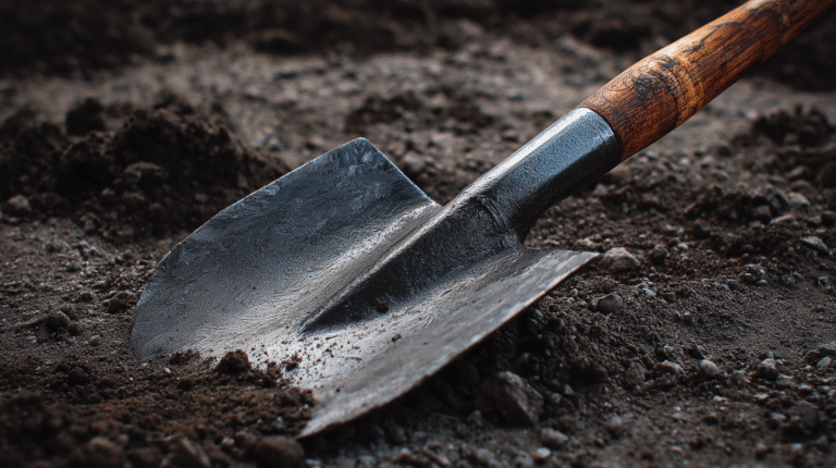 Ergonomic Shovels and Picks: Comfort Matters in the Field An ergonomic garden shovel with a wooden handle lies on dark, loose soil—part of our collection of Ergonomic Shovels and Picks designed for comfortable, efficient gardening.