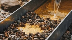 A metal sluice box with water flowing over gravel and gold particles is essential nugget hunting equipment during the gold panning process.