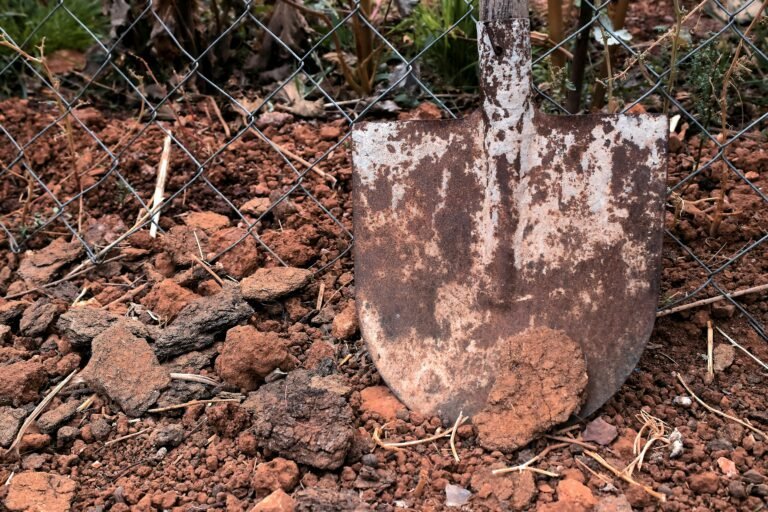 A rusty shovel with dirt on its blade, part of essential gold prospecting gear, leans against a wire fence on reddish, uneven soil.