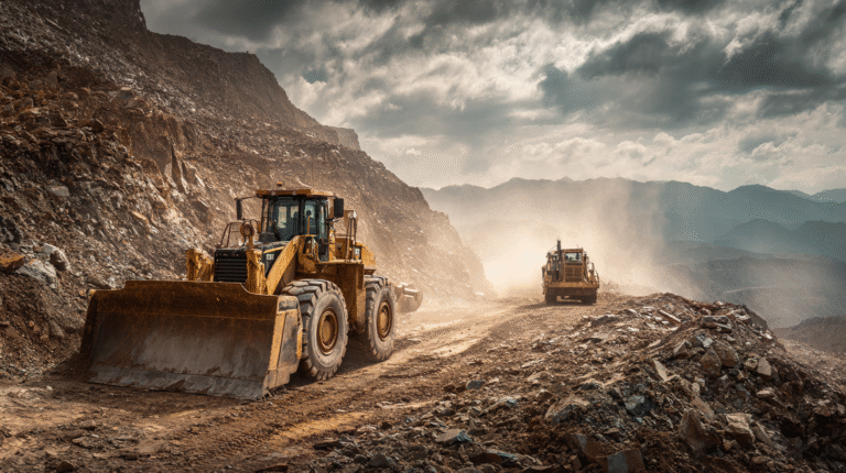 Two large yellow bulldozers from one of the top gold mining companies work on a dusty road in a rocky open-pit mine surrounded by mountains under a cloudy sky.