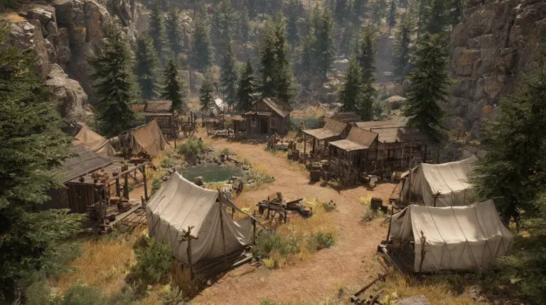 A rustic camp with canvas tents and wooden cabins is set among pine trees and rocky cliffs, featuring dirt paths and outdoor benches that echo the area's rich gold mining history.