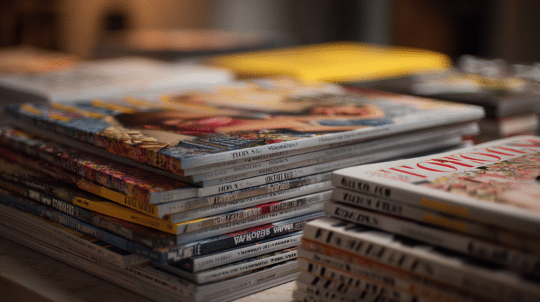 Stacks of assorted Gold Prospecting Magazines are arranged on a table, their colorful covers and visible spines catching the light in a well-lit indoor setting.