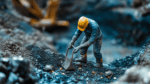 A miniature figure of a worker in a yellow helmet uses a shovel to dig in dark soil with scattered precious metals and gold pieces around.