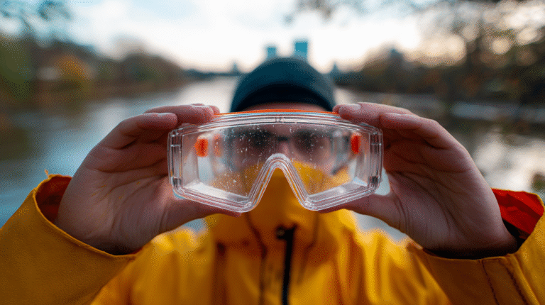 Eye Protection in Gold Prospecting A person in a yellow jacket holds clear safety goggles close to the camera, emphasizing eye protection in prospecting, with a blurred outdoor river scene in the background.