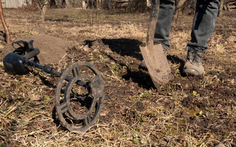 A person stands on dry grass with a shovel next to a metal detector—carefully selecting a gold prospecting detector before digging a freshly made hole.