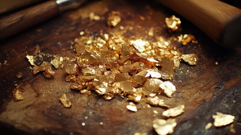 Gold flakes—illustrating the distinction between fine gold vs. coarse gold—are scattered on a wooden surface, with part of a tool visible in the background.