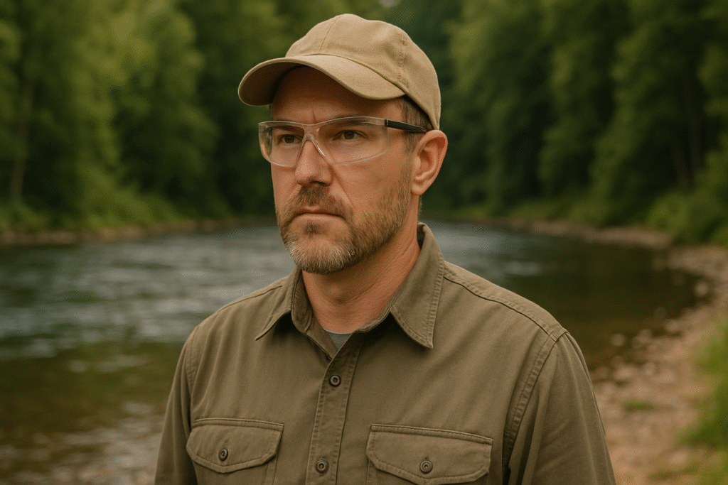 Man wearing glasses for eye protection in prospecting, a khaki shirt, and a cap stands outdoors near a river with a forested background.