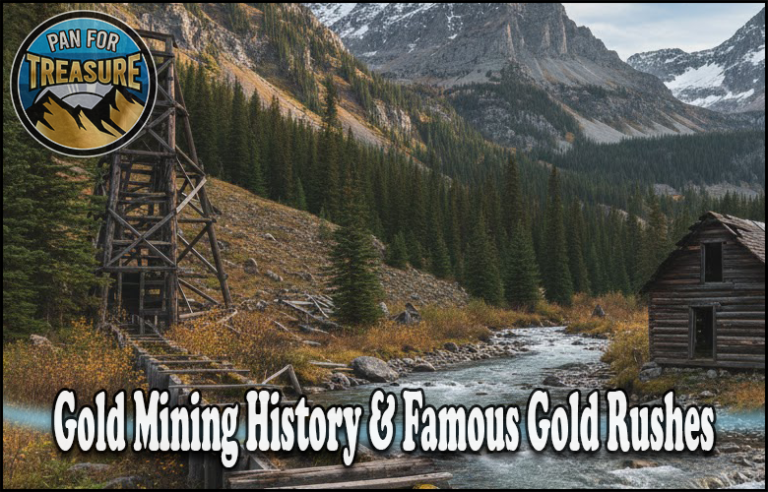 Old wooden mining structures stand by a river in a mountainous landscape, showcasing Gold Mining History. The text "Gold Mining History & Famous Gold Rushes" appears, with a "Pan for Treasure" badge in the corner.