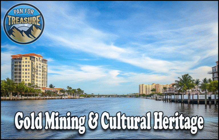 A canal lined with palm trees and buildings under a blue sky, featuring the text "Gold Mining at Historical Sites & Cultural Heritage" and a "Pan for Treasure" logo in the corner.