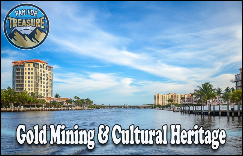 A canal lined with palm trees and buildings under a blue sky, featuring the text "Gold Mining at Historical Sites & Cultural Heritage" and a "Pan for Treasure" logo in the corner.