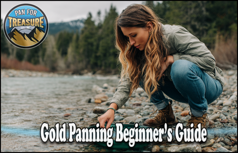 A woman crouches by a river, demonstrating techniques from the Gold Panning Beginner’s Guide with her black pan; mountains and trees frame the scene. Text reads: "Gold Panning Beginner's Guide.