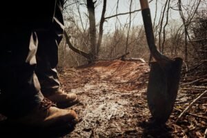A person in boots stands on a muddy forest path holding a shovel—one of the essential gold panning equipment for beginners—as leafless trees and brown earth stretch into the background.