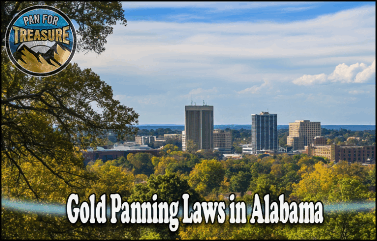 Downtown skyline of an Alabama city surrounded by trees, with a "Pan for Treasure" logo and the text "Gold Panning Laws in Alabama" featured prominently. Learn about local gold panning laws in Alabama amidst a scenic urban backdrop.
