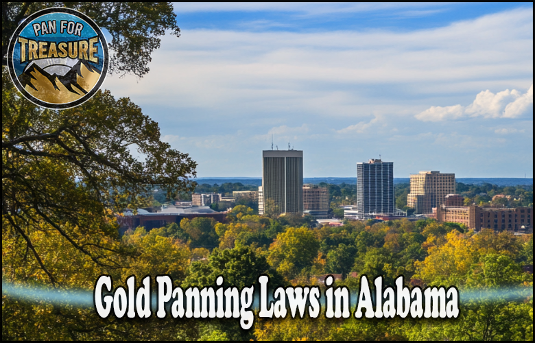 Downtown skyline of an Alabama city surrounded by trees, with a "Pan for Treasure" logo and the text "Gold Panning Laws in Alabama" featured prominently. Learn about local gold panning laws in Alabama amidst a scenic urban backdrop.