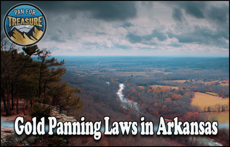 A river winds through a rural landscape under a cloudy sky; a circular "Pan for Treasure" logo and the text "Gold Panning Laws in Arkansas" highlight legal tips for prospectors.