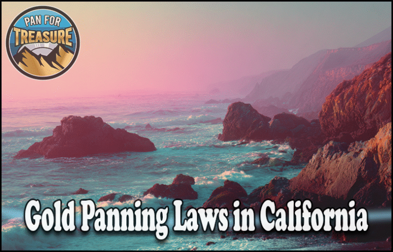Rocky California coastline at sunset with waves and a misty sky; “Gold Panning Laws in California” is displayed across the bottom, highlighting where you can pan legally, with a “Pan for Treasure” logo in the top left corner.