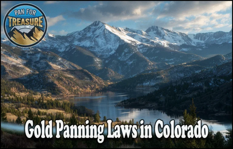 A scenic view of snow-capped mountains and a lake, with the text "Gold Panning Laws in Colorado" and a circular "Pan for Treasure" logo in the top left corner highlights rules for gold seekers.