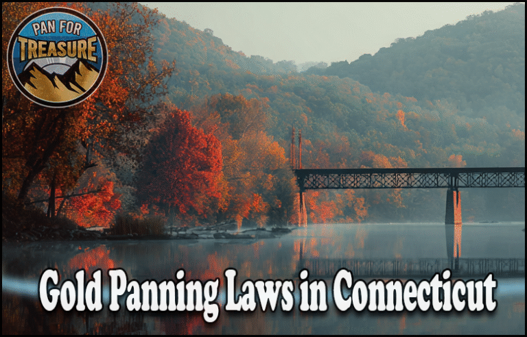 A calm river winds through autumn trees and hills, with a bridge in the distance. "Gold Panning Laws in Connecticut" is displayed, alongside a "Pan for Treasure" logo in the corner.