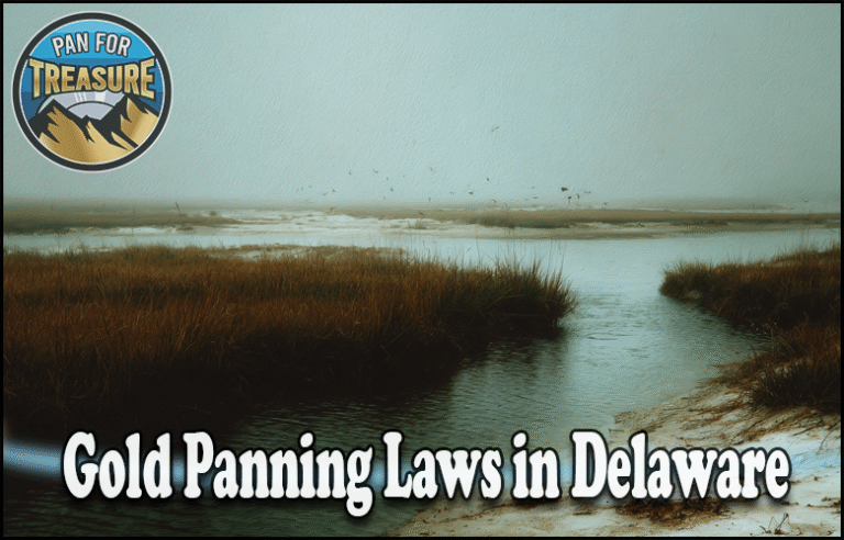 A foggy marsh landscape with tall grasses, a winding stream, and the text "Gold Panning Laws in Delaware" highlights where you can pan for treasure responsibly under local regulations.