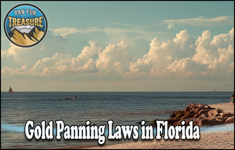 A tranquil beach scene with calm water and a few sailboats, rocks on the right, clouds above, and "Gold Panning Laws in Florida" displayed at the bottom. The "Pan for Treasure" logo highlights treasure-seeking adventures in Florida.