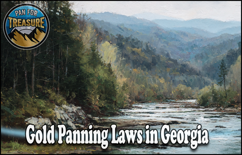 A river scene with mountains and trees under a cloudy sky; text reads "Gold Panning Laws in Georgia" to highlight the state's regulations, with a "Pan for Treasure" logo in the corner.