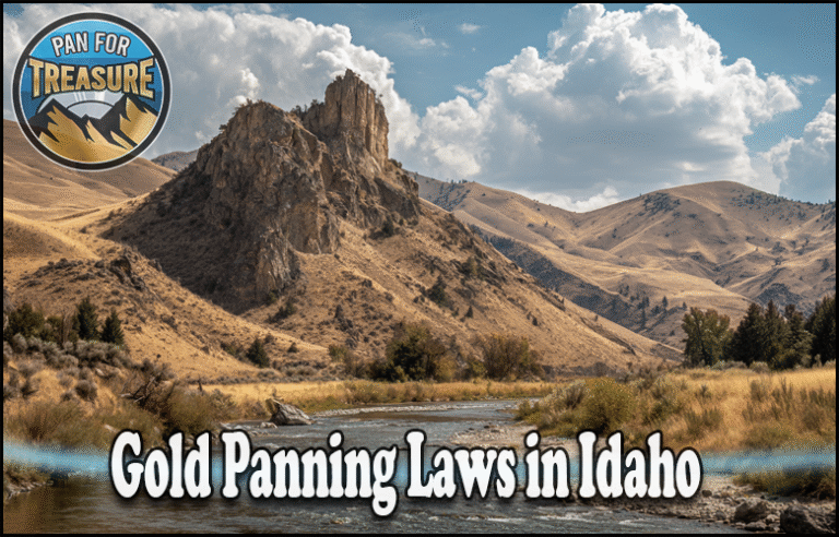 A scenic Idaho landscape with rocky hills, grassy fields, a river, and the phrase "Gold Panning Laws in Idaho" featured alongside a “Pan for Treasure” badge in the top left corner.