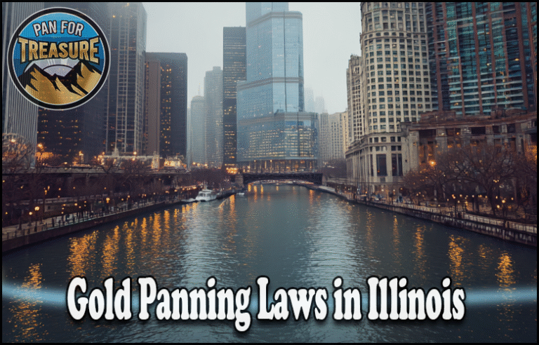 A city river scene with tall buildings on both sides, featuring the text "Gold Panning Laws in Illinois" and a "Pan For Treasure" logo in the corner, highlights rules for urban gold prospecting.