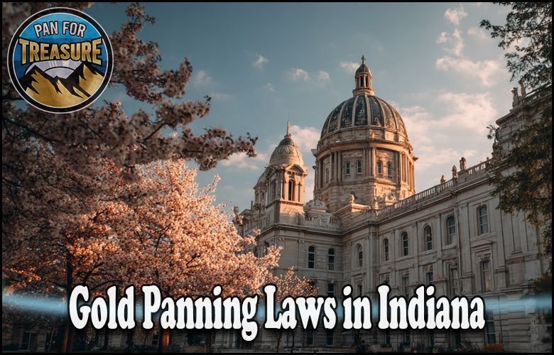 A large historic building with a dome stands behind blooming trees; text reads, "Exploring Gold Panning Laws in Indiana" with a "Pan for Treasure" logo in the corner.