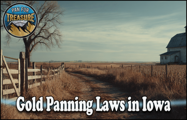 A rural dirt road in Iowa with a barn, fields, and a leafless tree under a blue sky highlights Gold Panning Laws in Iowa. Text reads, "Gold Panning Laws in Iowa" with the "Pan For Treasure" logo.
