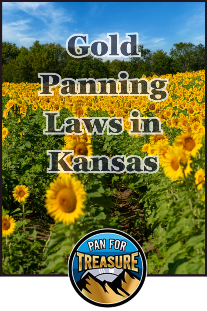 A field of sunflowers with "Gold Panning Laws in Kansas" displayed across the scene, plus a circular "Pan for Treasure" logo at the bottom.