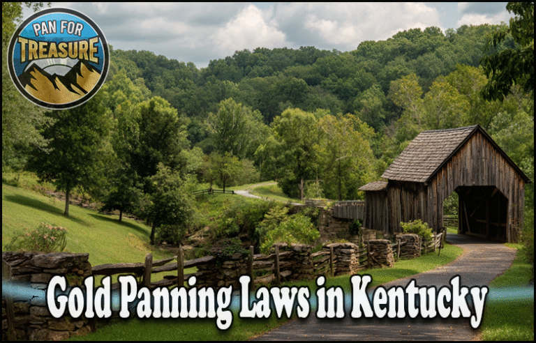 A rustic wooden bridge on a rural road surrounded by green trees and hills, highlighting “Gold Panning Laws in Kentucky.”.