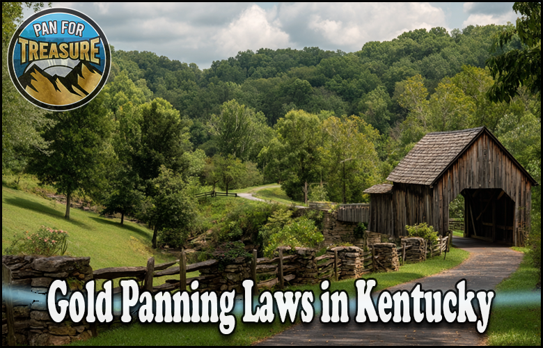 A rustic wooden bridge on a rural road surrounded by green trees and hills, highlighting “Gold Panning Laws in Kentucky.”.