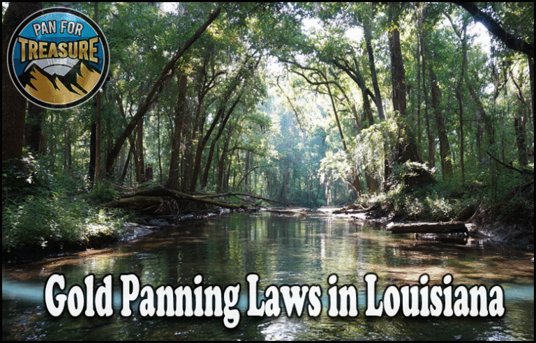 A forested river scene with sunlight filtering through trees, featuring the text “Gold Panning Laws in Louisiana” and a round “Pan for Treasure” logo, perfectly capturing the spirit of gold panning in Louisiana’s scenic wilderness.