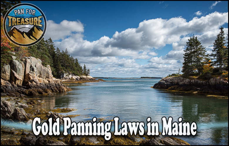 A rocky Maine shoreline with trees and a cloudy sky sets the scene for text highlighting Gold Panning Laws in Maine, featuring a circular "Pan for Treasure" logo.